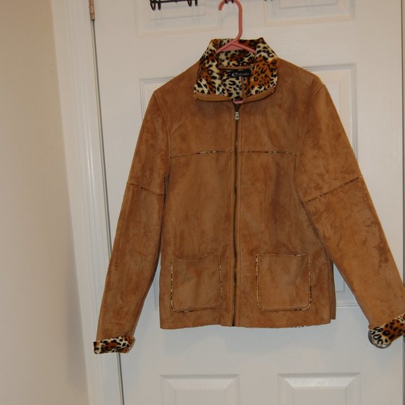 E Studio Women's Leopard Lined Long Sleeve Suede Zipper Jacket No Size Tag (S-M) - Picture 4 of 10